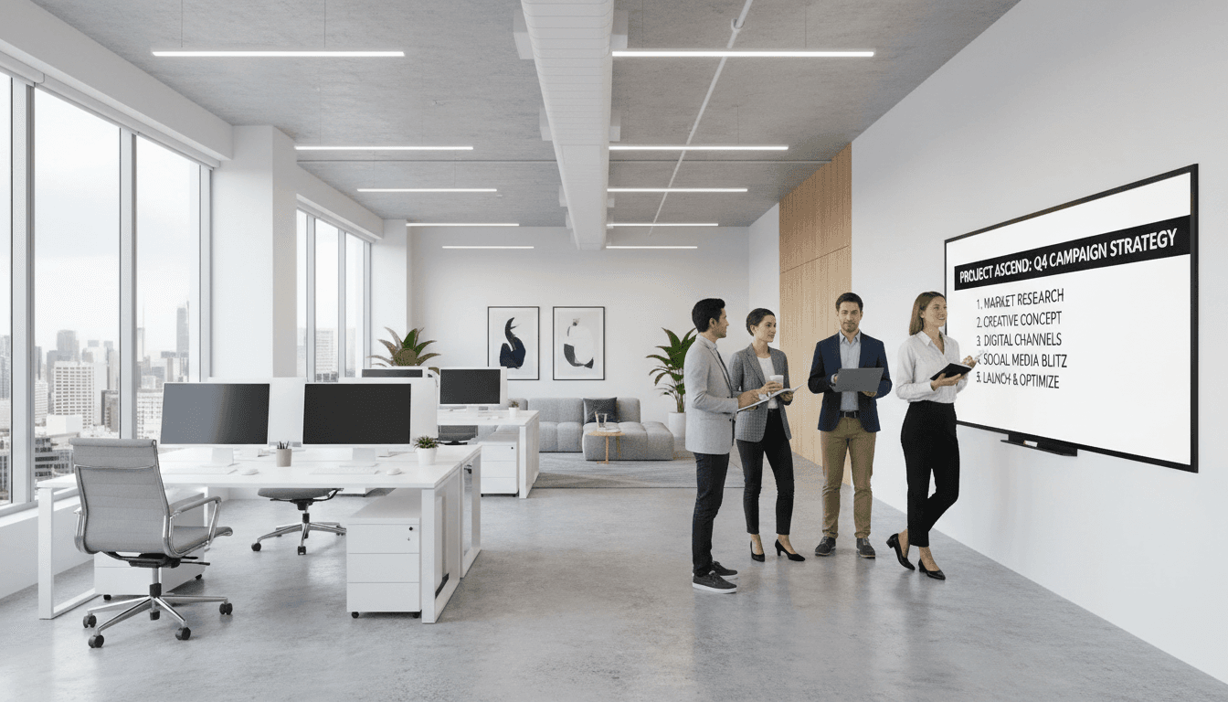 Marketing team collaborating in a bright modern office