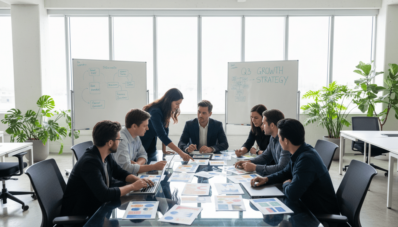 Marketing professional reviewing printed branding materials in a bright modern office