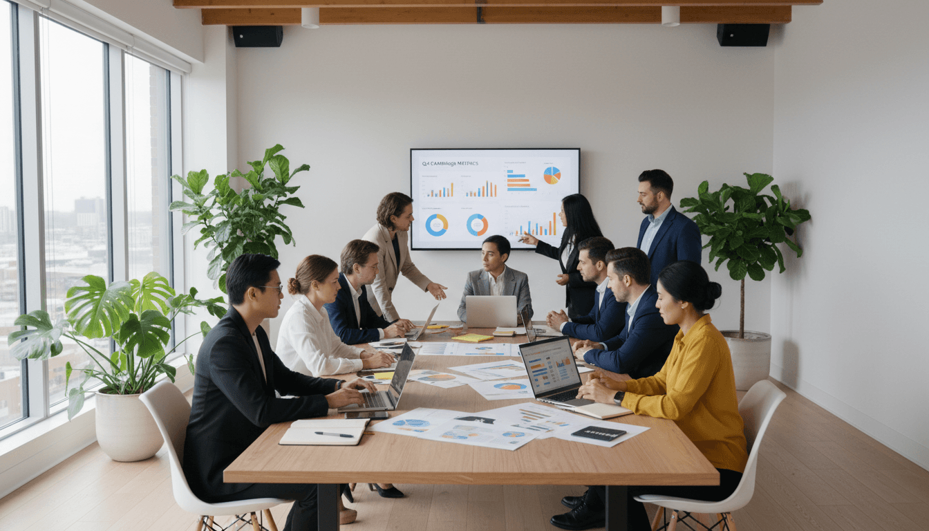 Marketing team reviewing design materials together around a table